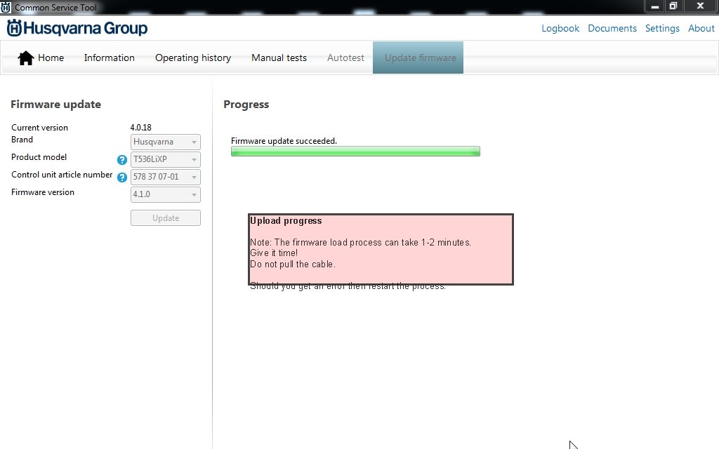 Upload progress Note: The firmware load process can take 1 -2 minutes. Give it