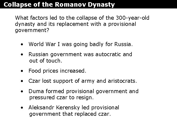Collapse of the Romanov Dynasty What factors led to the collapse of the 300