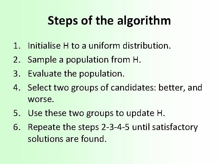 Steps of the algorithm 1. 2. 3. 4. Initialise H to a uniform distribution.