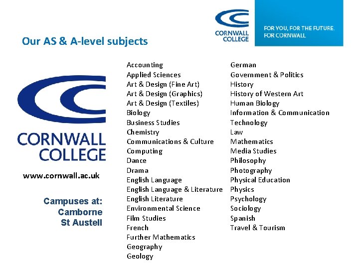 Our AS & A-level subjects www. cornwall. ac. uk Campuses at: Camborne St Austell