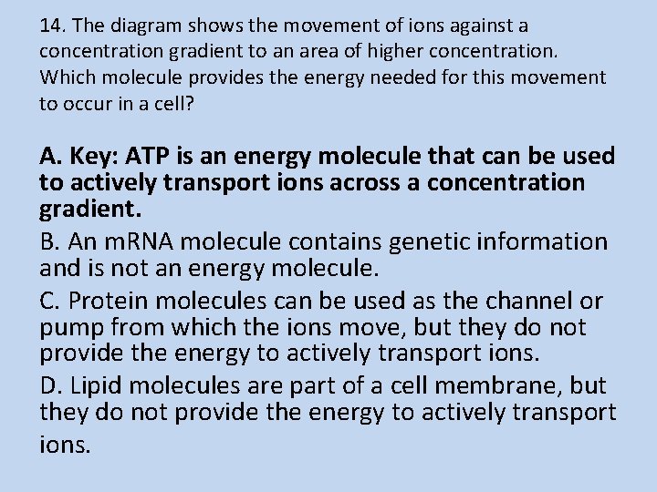 14. The diagram shows the movement of ions against a concentration gradient to an