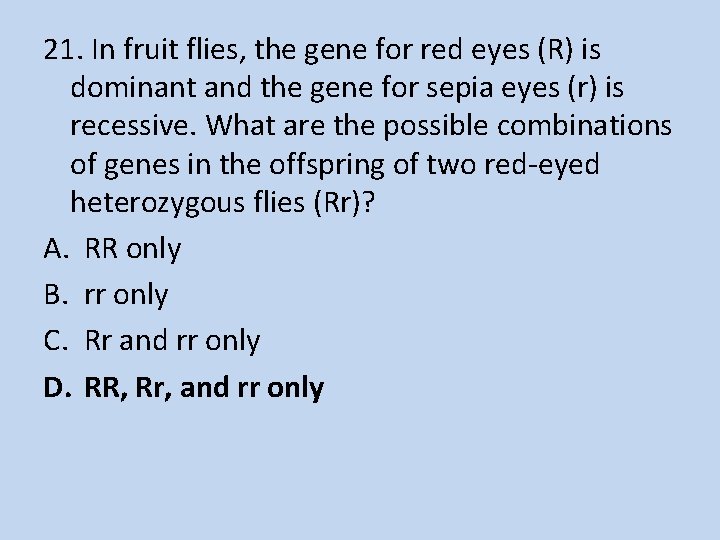 21. In fruit flies, the gene for red eyes (R) is dominant and the