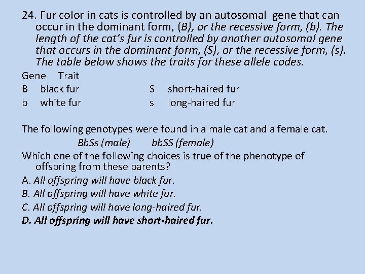 24. Fur color in cats is controlled by an autosomal gene that can occur