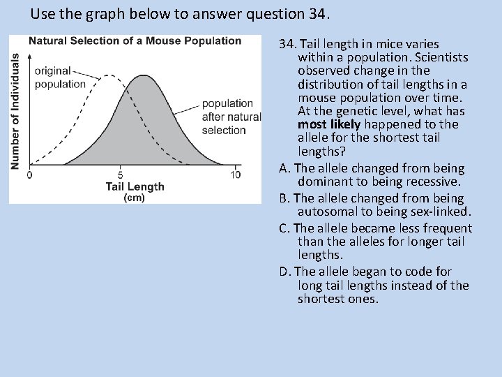 Use the graph below to answer question 34. Tail length in mice varies within