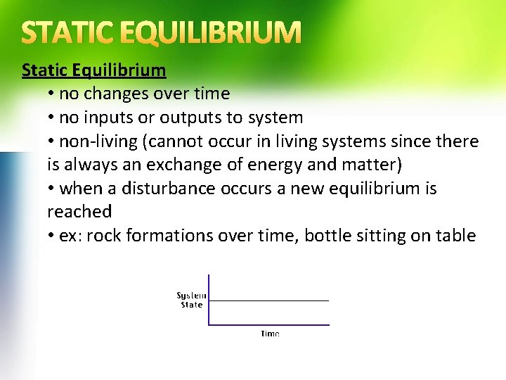 STATIC EQUILIBRIUM Static Equilibrium • no changes over time • no inputs or outputs