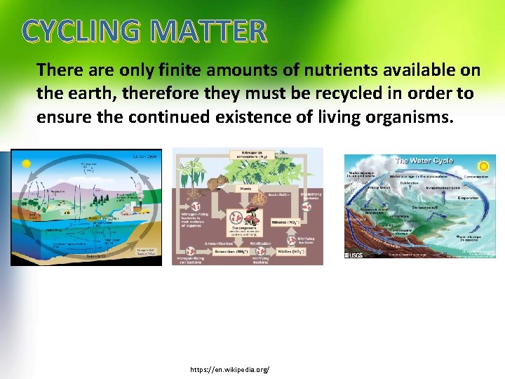 CYCLING MATTER There are only finite amounts of nutrients available on the earth, therefore