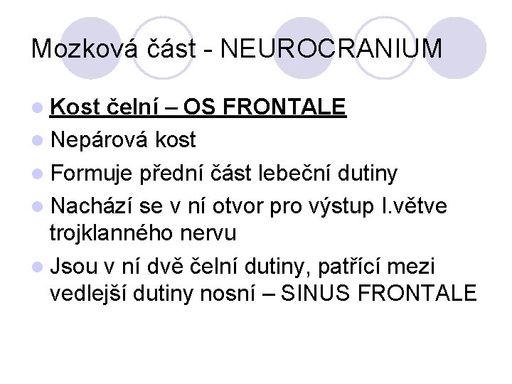 Mozková část - NEUROCRANIUM Kost čelní – OS FRONTALE Nepárová kost Formuje přední část