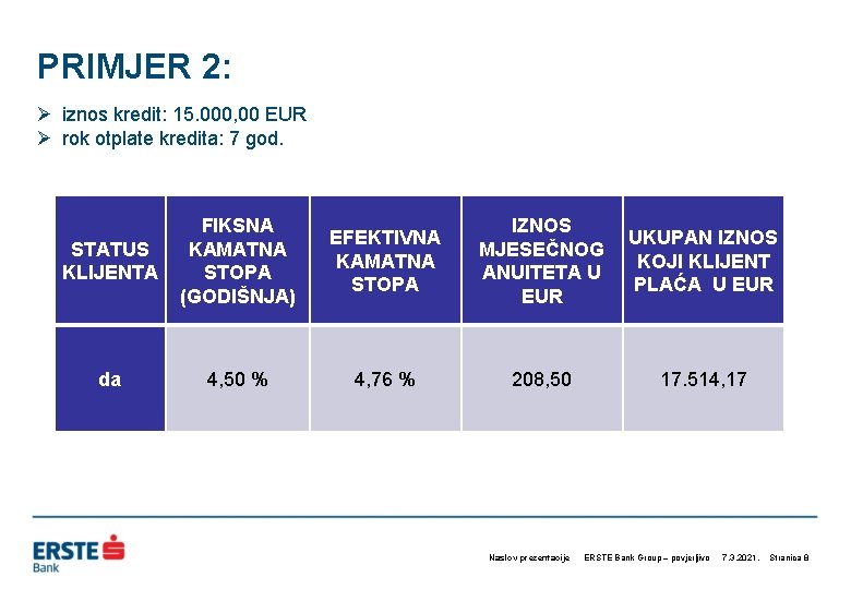 PRIMJER 2: Ø iznos kredit: 15. 000, 00 EUR Ø rok otplate kredita: 7