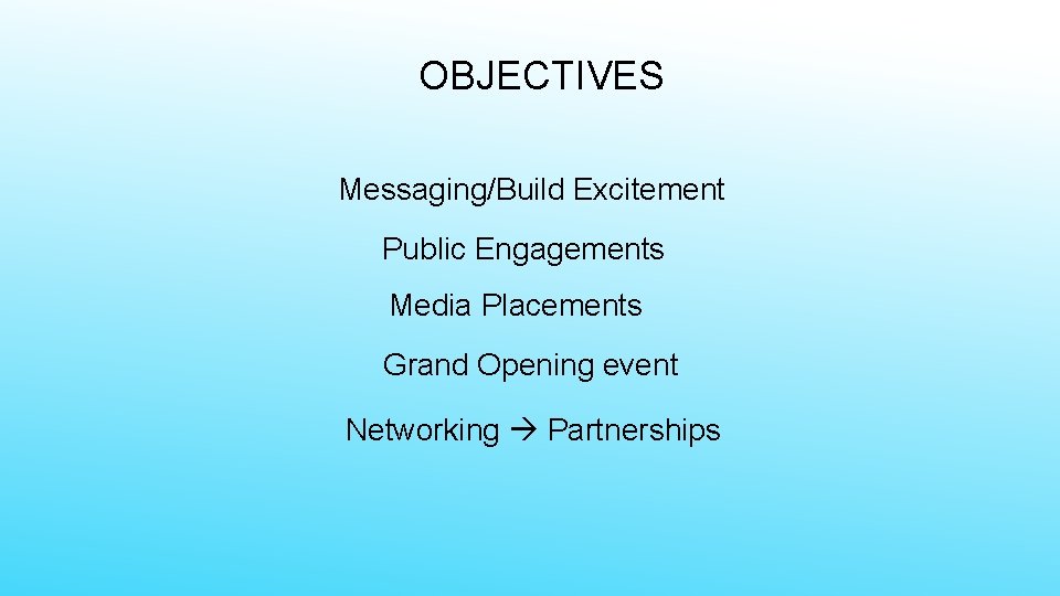 OBJECTIVES Messaging/Build Excitement Public Engagements Media Placements Grand Opening event Networking Partnerships 