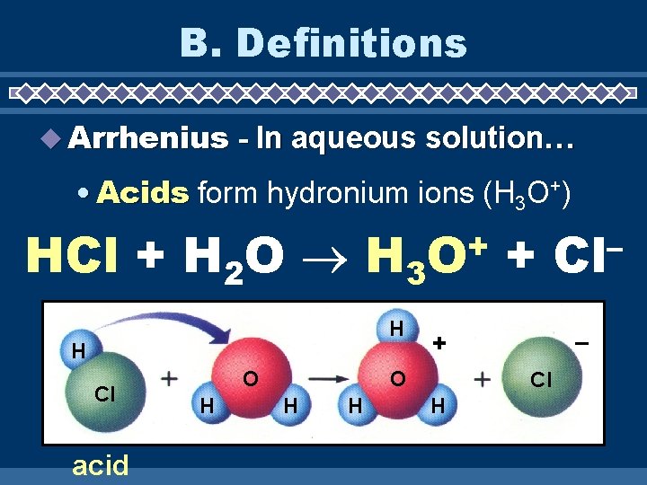 B. Definitions u Arrhenius - In aqueous solution… • Acids form hydronium ions (H