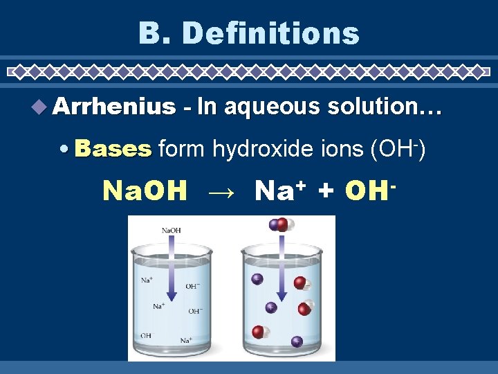 B. Definitions u Arrhenius - In aqueous solution… • Bases form hydroxide ions (OH-)