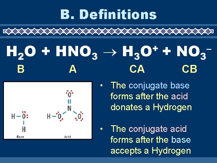 B. Definitions H 2 O + HNO 3 H 3 B A + O