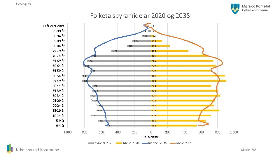 Demografi Folketalspyramide år 2020 og 2035 100 år eller eldre 95 -99 år 90