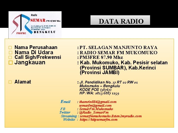 DATA RADIO � � Nama Perusahaan Nama Di Udara � Call Sigh/Frekwensi � Alamat