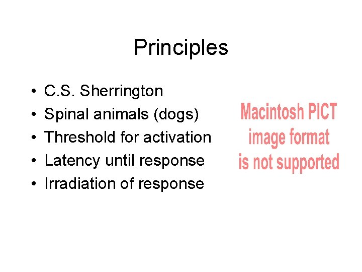 Principles • • • C. S. Sherrington Spinal animals (dogs) Threshold for activation Latency
