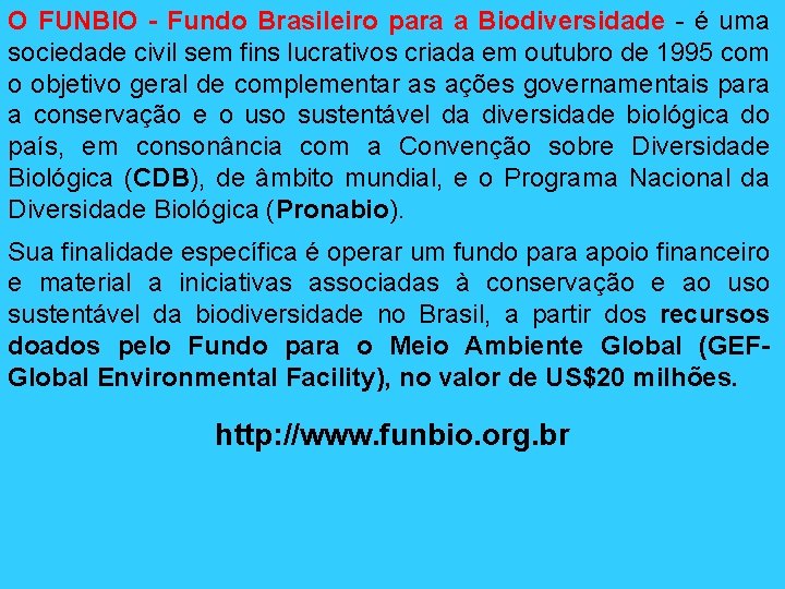 O FUNBIO - Fundo Brasileiro para a Biodiversidade - é uma sociedade civil sem