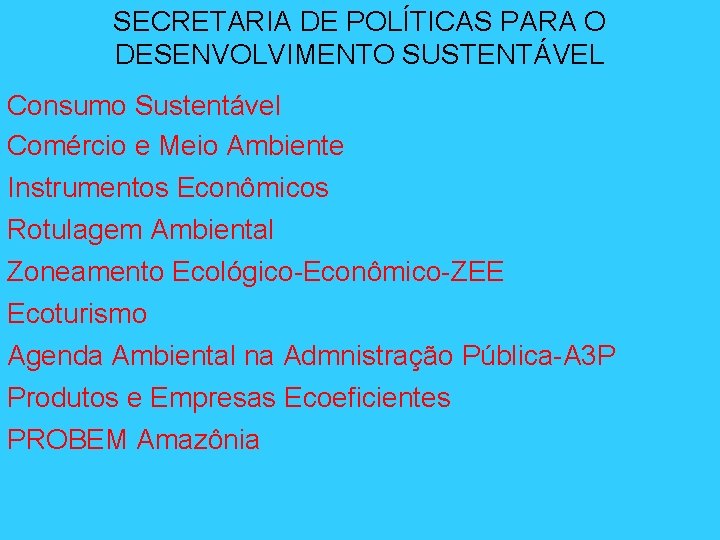 SECRETARIA DE POLÍTICAS PARA O DESENVOLVIMENTO SUSTENTÁVEL Consumo Sustentável Comércio e Meio Ambiente Instrumentos