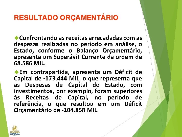 RESULTADO ORÇAMENTÁRIO Confrontando as receitas arrecadadas com as despesas realizadas no período em análise,