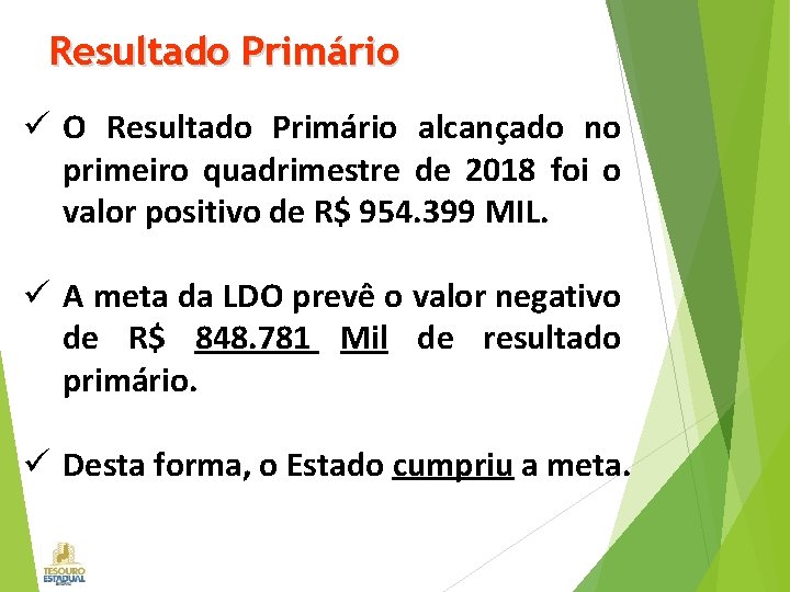 Resultado Primário ü O Resultado Primário alcançado no primeiro quadrimestre de 2018 foi o