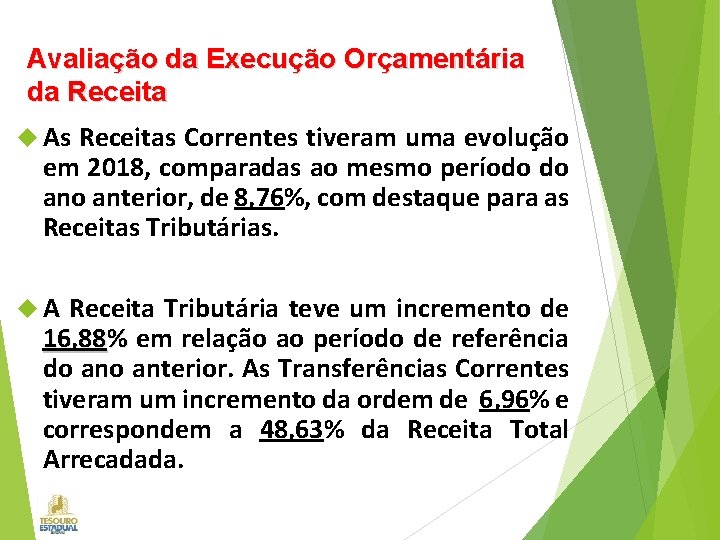 Avaliação da Execução Orçamentária da Receita As Receitas Correntes tiveram uma evolução em 2018,