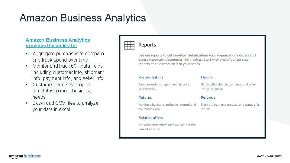 Amazon Business Analytics provides the ability to: • • Aggregate purchases to compare and