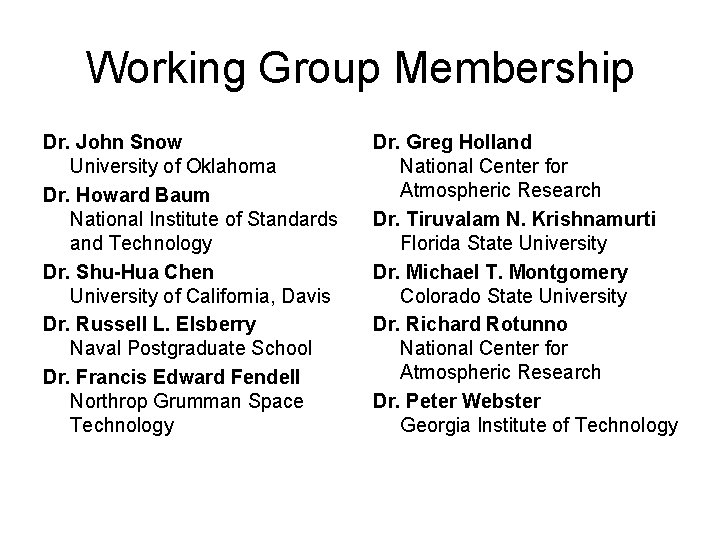 Working Group Membership Dr. John Snow University of Oklahoma Dr. Howard Baum National Institute