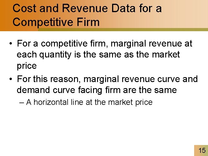 Cost and Revenue Data for a Competitive Firm • For a competitive firm, marginal