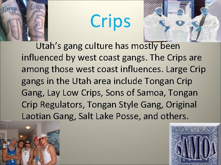 Crips Utah’s gang culture has mostly been influenced by west coast gangs. The Crips