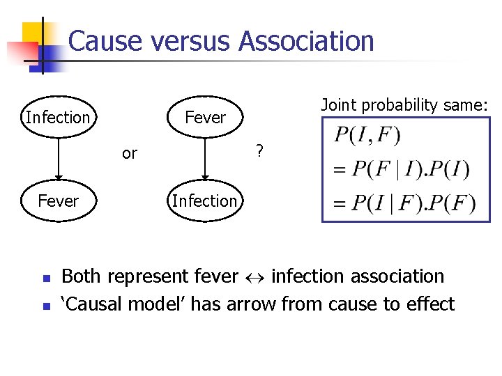 Cause versus Association Infection Fever ? or Fever n n Joint probability same: Infection