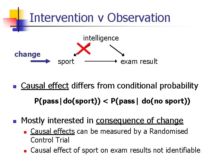 Intervention v Observation intelligence change n sport exam result Causal effect differs from conditional