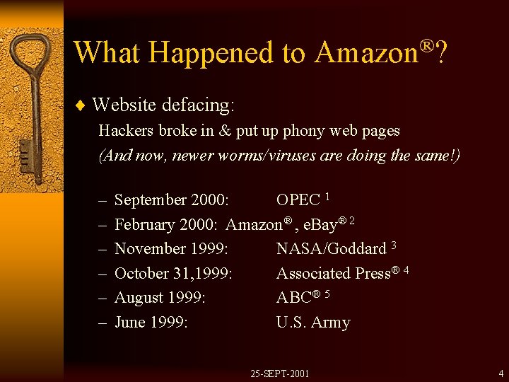 What Happened to Amazon®? ¨ Website defacing: Hackers broke in & put up phony