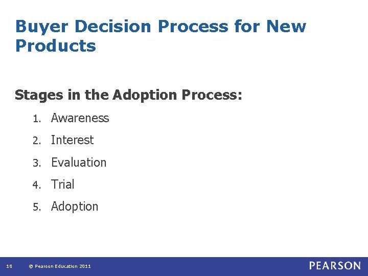Buyer Decision Process for New Products Stages in the Adoption Process: 18 1. Awareness Buyer Decision Process for New Products Stages in the Adoption Process: 18 1. Awareness