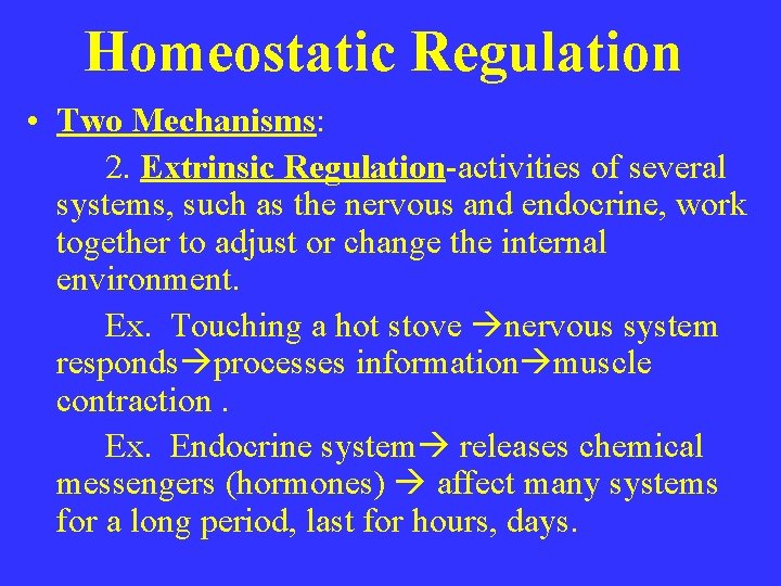 Homeostatic Regulation • Two Mechanisms: 2. Extrinsic Regulation-activities of several systems, such as the