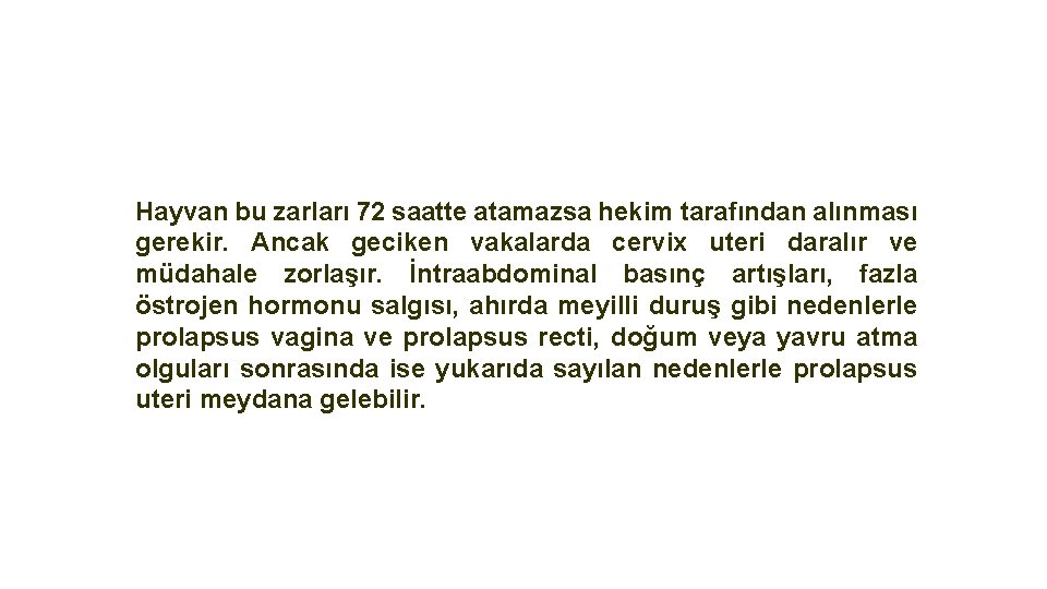 Hayvan bu zarları 72 saatte atamazsa hekim tarafından alınması gerekir. Ancak geciken vakalarda cervix