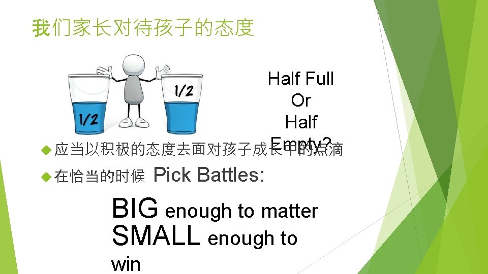 我们家长对待孩子的态度 Half Full Or Half Empty? 应当以积极的态度去面对孩子成长中的点滴 在恰当的时候 Pick Battles: BIG enough to matter