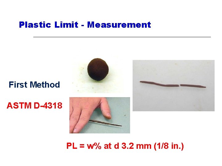 Plastic Limit - Measurement First Method ASTM D-4318 PL = w% at d 3.