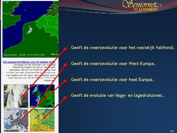 Geeft de weersevolutie voor het westelijk halfrond. Geeft de weersevolutie voor West-Europa. Geeft de