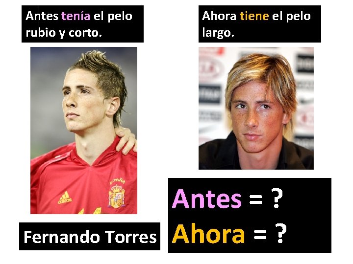 Antes tenía el pelo rubio y corto. Fernando Torres Ahora tiene el pelo largo.