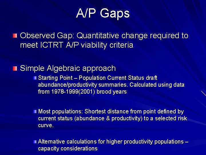 A/P Gaps Observed Gap: Quantitative change required to meet ICTRT A/P viability criteria Simple