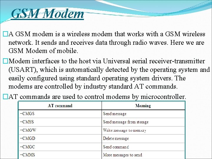 GSM Modem �A GSM modem is a wireless modem that works with a GSM