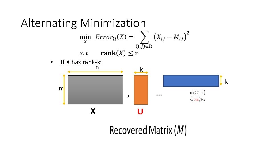 Alternating Minimization • If X has rank-k: n m k X U k 