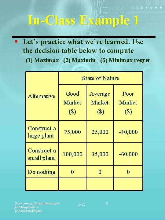 In-Class Example 1 § Let’s practice what we’ve learned. Use the decision table below