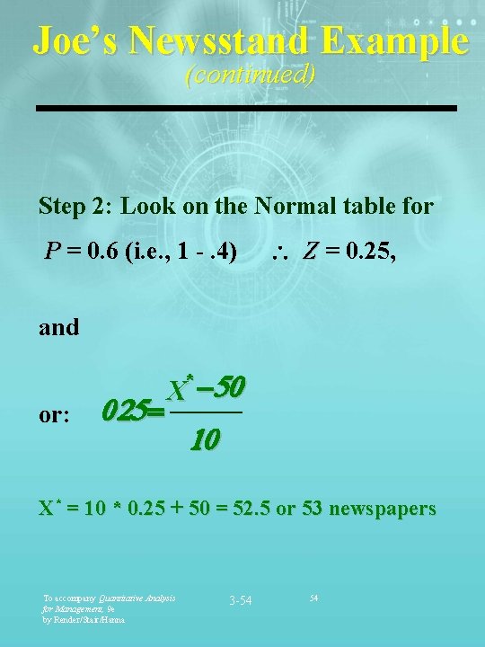 Joe’s Newsstand Example (continued) Step 2: Look on the Normal table for P =
