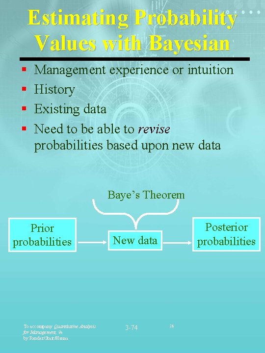 Estimating Probability Values with Bayesian § § Management experience or intuition History Existing data