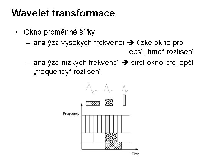 Wavelet transformace • Okno proměnné šířky – analýza vysokých frekvencí úzké okno pro lepší