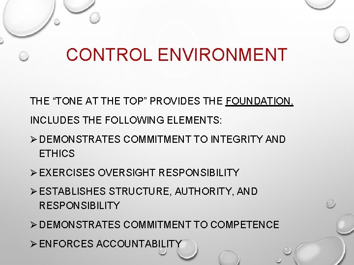 CONTROL ENVIRONMENT THE “TONE AT THE TOP” PROVIDES THE FOUNDATION. INCLUDES THE FOLLOWING ELEMENTS: