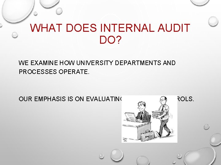 WHAT DOES INTERNAL AUDIT DO? WE EXAMINE HOW UNIVERSITY DEPARTMENTS AND PROCESSES OPERATE. OUR