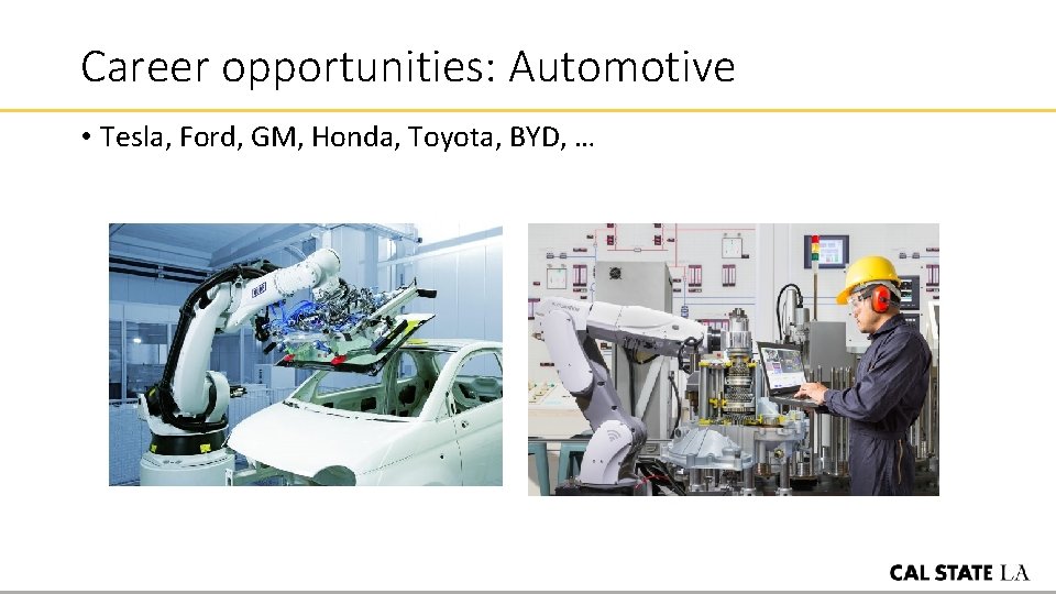 Career opportunities: Automotive • Tesla, Ford, GM, Honda, Toyota, BYD, … 