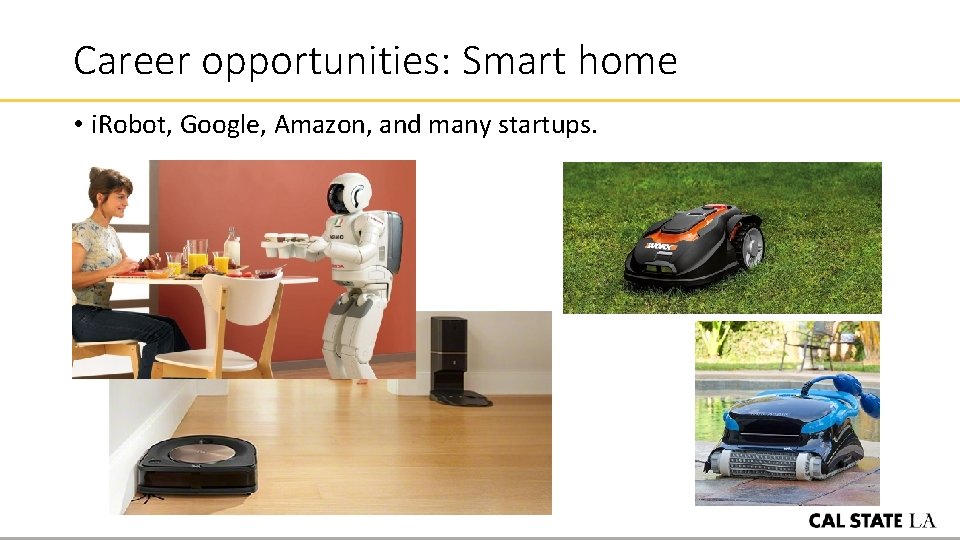 Career opportunities: Smart home • i. Robot, Google, Amazon, and many startups. 