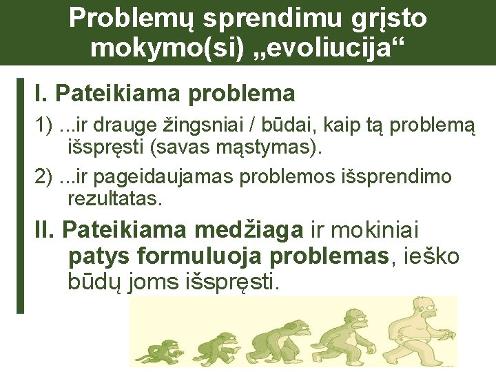 Problemų sprendimu grįsto mokymo(si) „evoliucija“ I. Pateikiama problema 1). . . ir drauge žingsniai